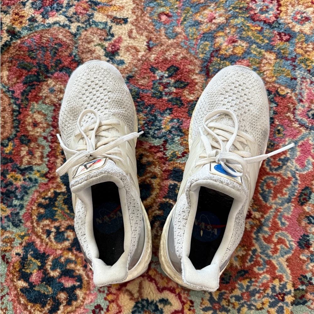 Adidas Cream Athletic Shoes with Blue and Red Accents